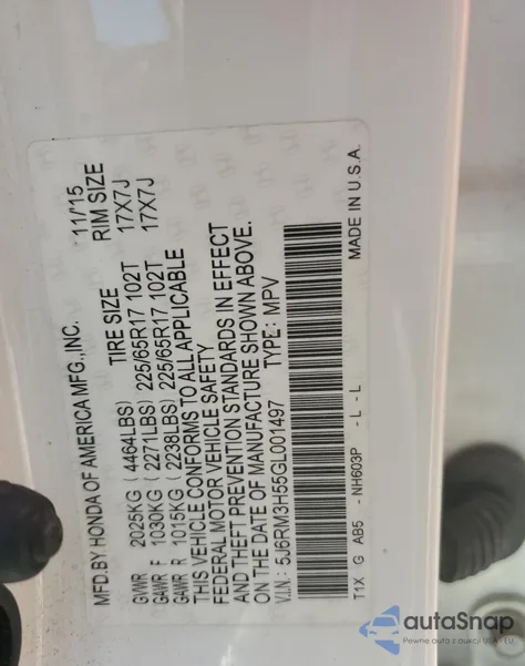 2016 Honda Cr-V Ex from USA, damaged, VIN 5J6RM3H55GL001497